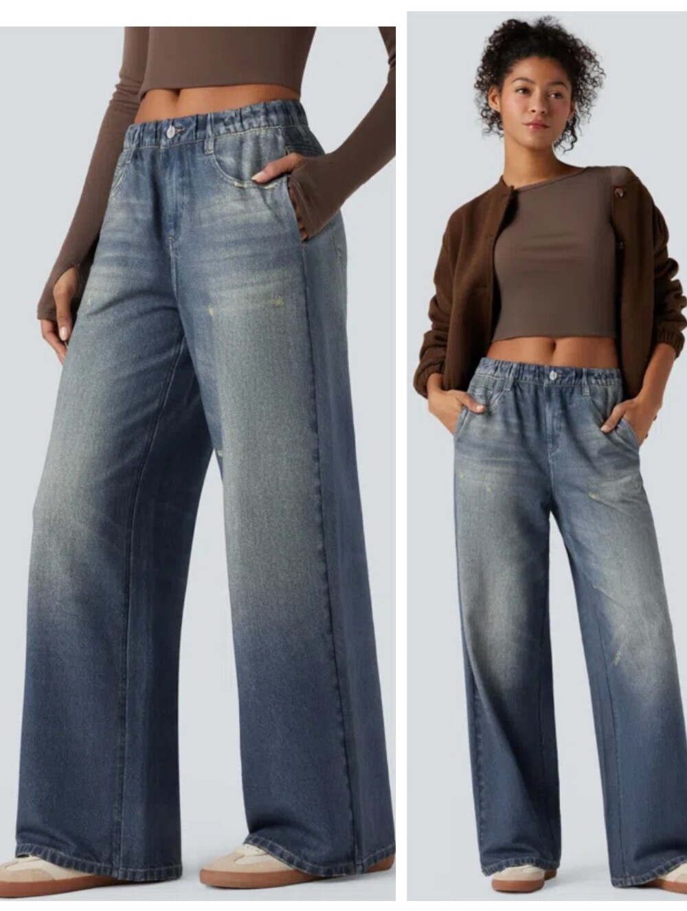 HALARA Mid Rise Denim Print French Terry Sweatpants/Jeans Women's Large Pockets